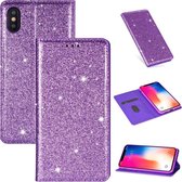 Voor iPhone X / XS Ultradunne glitter magnetische horizontale flip lederen hoes met houder en kaartsleuven (paars)