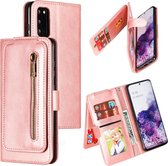 Voor Galaxy S20 Negen-kaart Zipper Bag Horizontaal Flip Leren Case Met Houder & Kaartsleuven & Fotolijst & Portemonnee (Rose Gold)