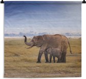 Wandkleed Baby olifant en moeder - Natte poten van een baby olifant en zijn moeder Wandkleed katoen 60x60 cm - Wandtapijt met foto