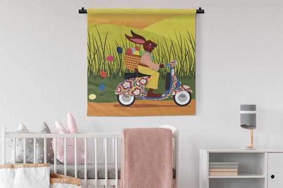 Tapisserie Illustration Vespa - Illustration du lapin de Pâques sur une Vespa Tapisserie coton 90x90 cm - Tapisserie avec photo