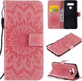 Voor LG K51 Geperst Afdrukken Zonnebloem Patroon Horizontale Flip PU Lederen Case Houder & Kaartsleuven & Portemonnee & Lanyard (Roze)