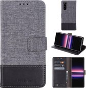 Voor Sony Xperia 5 MUMXA MX102 Horizontale flip canvas stiksels lederen tas met houder & kaartsleuven & portemonnee (zwart)