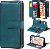 Voor iPhone XR multifunctionele magnetische koperen gesp horizontale flip effen kleur lederen tas met 10 kaartsleuven & portemonnee & houder & fotolijst (donkergroen)
