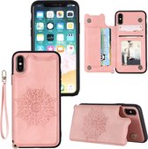 Voor iPhone XS / X Mandala in reliëf gemaakt PU + TPU-hoesje met houder en kaartsleuven en fotolijst en draagriem (roségoud)