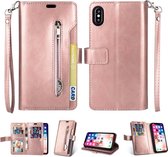 Voor iPhone X / XS Multifunctionele Rits Horizontale Flip Leren Case met Houder & Portemonnee & 9 Kaartsleuven & Lanyard (Rose Goud)