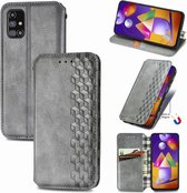 Voor Samsung Galaxy M31S Cubic Grid Pressed Horizontal Flip Magnetic PU Leather Case met houder & kaartsleuven & portemonnee (grijs)