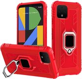 Voor Google Pixel 4 XL koolstofvezel beschermhoes met 360 graden roterende ringhouder (rood)