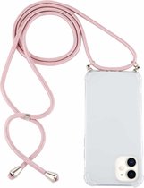 Voor iPhone 12 mini schokbestendig transparant TPU-hoesje met vier hoeken en draagkoord (roze)