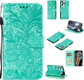 Voor iPhone 12 Pro 6.1 Lace Flower horizontale flip lederen tas met houder & kaartsleuven & portemonnee & fotolijst (groen)
