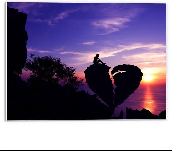 Forex - Silhouet van Persoon op Boom in Vorm van Gebroken Hart - 40x30cm Foto op Forex