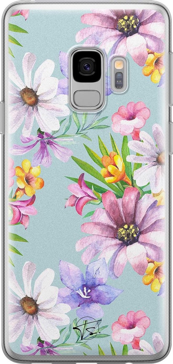 Samsung Galaxy S9 siliconen hoesje - Mint bloemen - Soft Case Telefoonhoesje - Blauw - Bloemen
