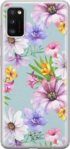 Samsung Galaxy A41 siliconen hoesje - Mint bloemen - Soft Case Telefoonhoesje - Blauw - Bloemen