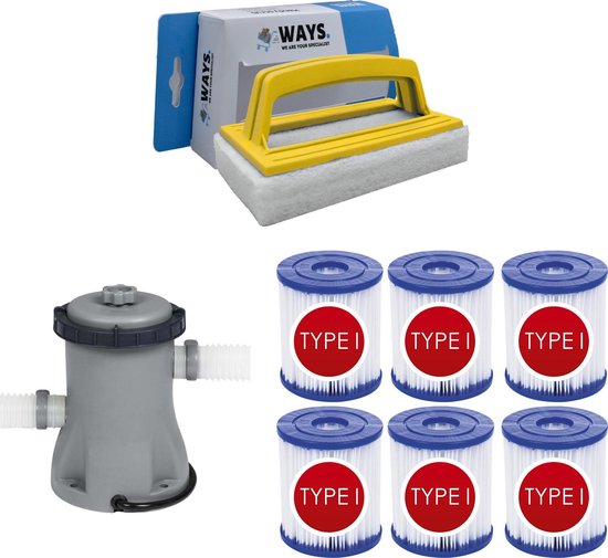 WAYS - Zwembad Onderhoud - Filterpomp 1249 L/h & 6 Filters Type I & WAYS Scrubborstel