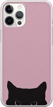 iPhone 12 Pro Max hoesje - Zwarte kat - Soft Case Telefoonhoesje - Print - Roze