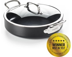 Greenpan Barcelona Aluminium Hapjespan met deksel Ø 30 cm - 4.8L – PFAS-vrij – Inductie Flensjespan – Ovenbestendig tot 220°C – Vaatwasserbestendig – Snelle opwarming – RVS handgrepen - Met deksel - Zwart