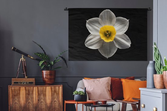 Tapisserie Plantes sur fond noir - Une fleur de jonquille blanche sur fond noir Tapisserie en coton 150x100 cm - Tapisserie avec photo