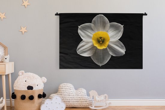Tapisserie Plantes sur fond noir - Une fleur de jonquille blanche sur fond noir Tapisserie en coton 150x100 cm - Tapisserie avec photo