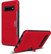 TPU + PC geborstelde textuur beschermhoes voor Galaxy S10, met kaartsleuf en houder (rood)