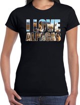 Tekst shirt I love alpacas met dieren foto van een alpaca zwart voor dames - cadeau t-shirt alpacas liefhebber M
