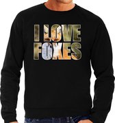 Tekst sweater I love foxes met dieren foto van een vos zwart voor heren - cadeau trui vossen liefhebber M