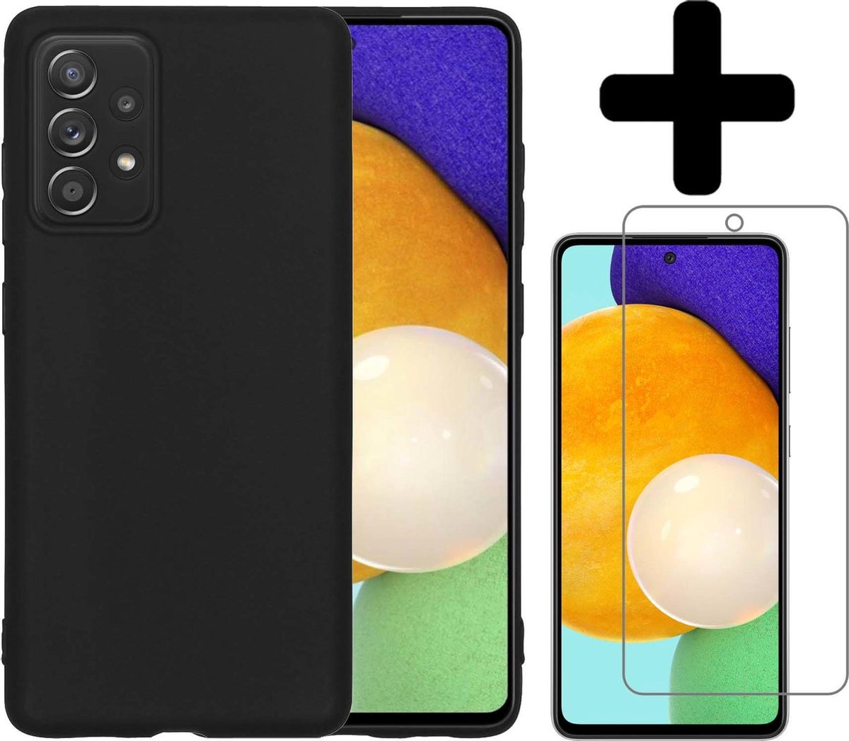 Hoesje - Met Screenprotector - Geschikt voor Samsung Galaxy A52 - Sterk & Shockproof - Back Cover - Siliconen Case - Telefoon Hoes - Telefoonhoesjes - Zwart