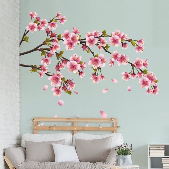 Muursticker bloesemtak met bloemen | Slaapkamer bloemen | woonkamer decoratie muur  | roze accessoires |