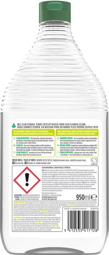Ecover Afwasmiddel - Voordeelverpakking 8 x 950 ml - Plantaardig & Biologisch afbreekbaar - Fles van gerecycled plastic - Citroen & aloë vera geur