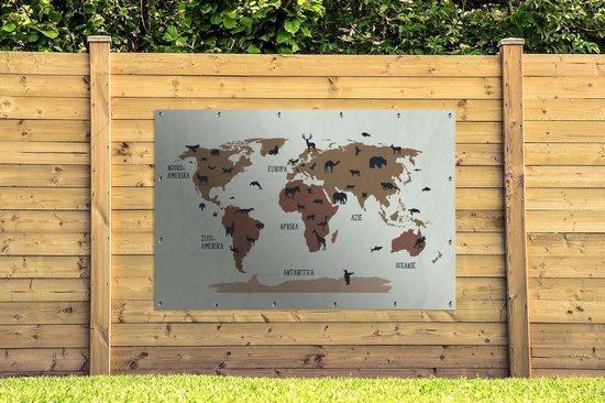 Carte du monde simple avec des animaux aux couleurs flexa Poster de jardin 180x120 cm XXL / Groot format!