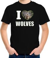 I love wolves t-shirt met dieren foto van een wolf zwart voor kinderen - cadeau shirt wolven liefhebber M (134-140)