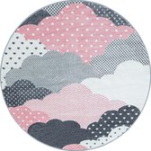 Bambi Wolken Kinderkamer Rond Vloerkleed Laagpolig Roze Grijs- 120 CM ROND.