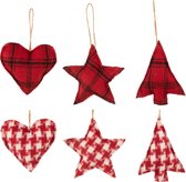 J-Line Hanger Hart/Ster/Kerstboom Textiel Geruit Rood/Wit Assortiment Van 6