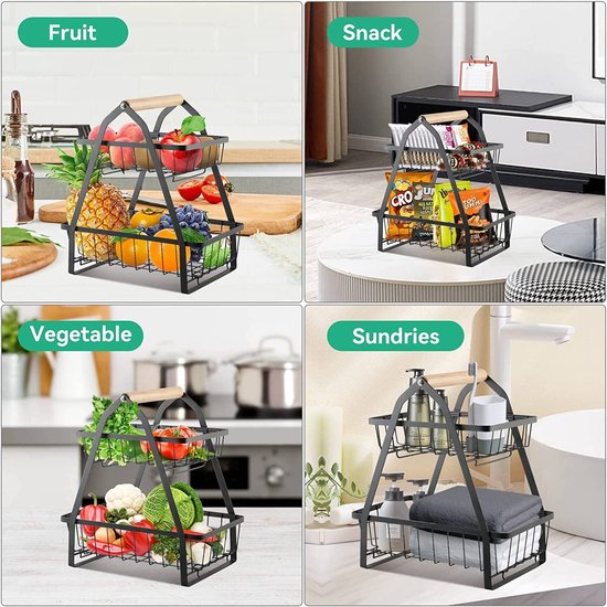 CHIWIN Fruitmand Metaal - Fruitschaal - Etagère 5 Laags Fruitschaal Met Handvat Fruit Opberger Keuken Woonkamer Zwart