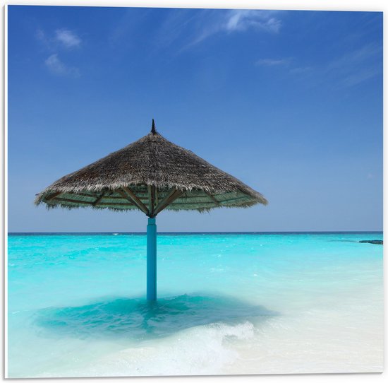 PVC Schuimplaat - Rieten Parasol op het Strand bij het Blauwe Water - 50x50 cm Foto op PVC Schuimplaat (Met Ophangsysteem)