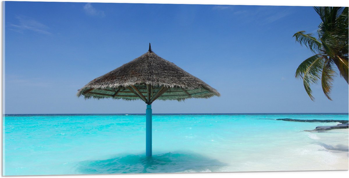 Acrylglas - Rieten Parasol op het Strand bij het Blauwe Water - 100x50 cm Foto op Acrylglas (Met Ophangsysteem)
