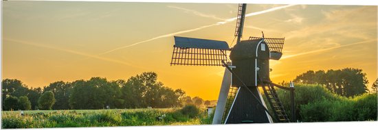 Acrylglas - Windmolen in Weide met Zonsondergang - 150x50 cm Foto op Acrylglas (Wanddecoratie op Acrylaat)