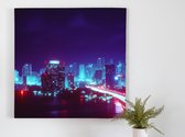 Bridge to the Future: A City's Skyline at Night kunst - 100x100 centimeter op Canvas | Foto op Canvas - wanddecoratie