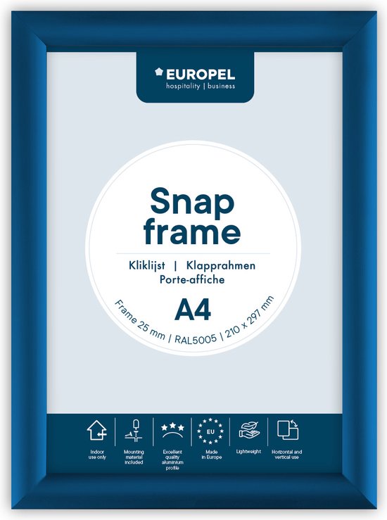 Europel Kliklijst – Posterlijst – A4 – 21 x 29,7 cm – 25mm – Aluminium – Blauw