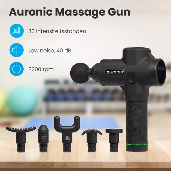 Auronic Massage Gun - 6 Opzetstukken - 30 Standen - Professioneel Massage Apparaat - Zwart