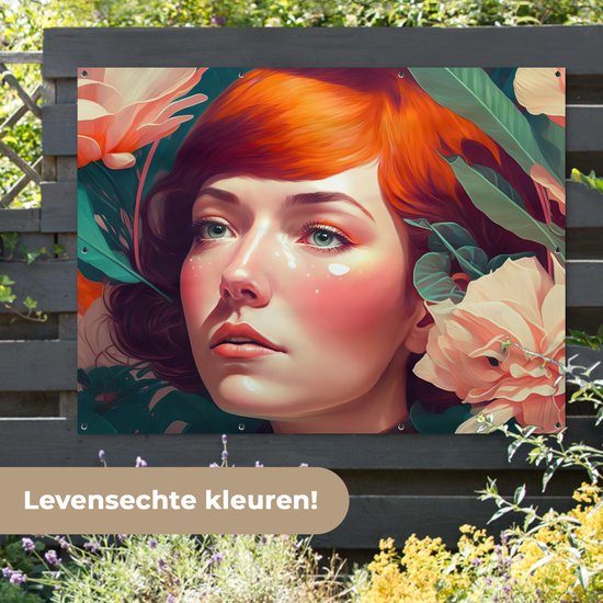 Tuinposter 160x120 cm - Tuindecoratie Portret - Vrouw - Bloemen - Roze - Botanisch - Poster voor in de tuin - Buiten decoratie - Schutting tuinschilderij - Tuindoek muurdecoratie - Wanddecoratie balkondoek
