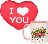 Super Mom - mug/tasse - 300 ml - rose - avec coussin décoratif en forme de coeur - 15 cm