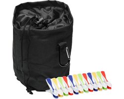 Wasknijpers mandje/zakje - met koord en karabijnhaak - D16 x H 18 cm - inclusief 48 wasknijpers