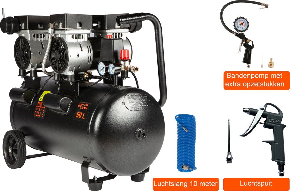 Kibani Super stille compressor 50 liter + luchtslang + bandenpomp - SET -  Low Noise -... | bol.com