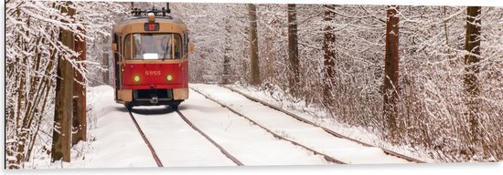 Dibond - Rode Tram rijdend door Bos vol Bomen in de Winter - 120x40 cm Foto op Aluminium (Met Ophangsysteem)