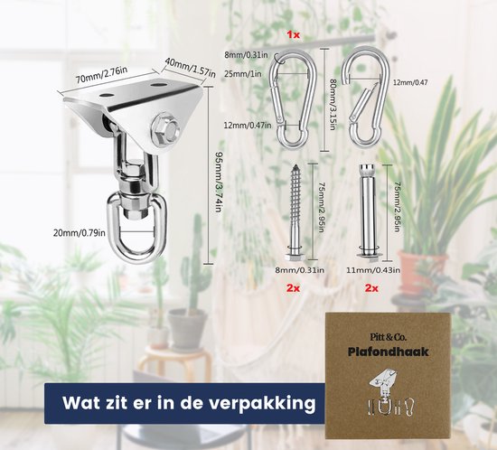Afmetingen van de plafondhaak, karabijnsluitingen en schroeven in roestvrij staal.