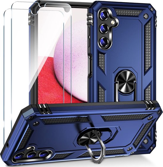 Coque de téléphone bleue avec anneau métallique et deux protecteurs d'écran en verre.