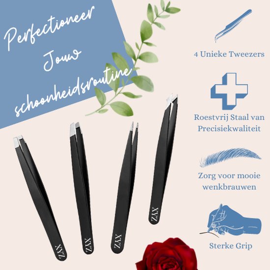 Vier zwarte pincetten met 'XYZ' logo, roestvrij staal voor de schoonheidsroutine.