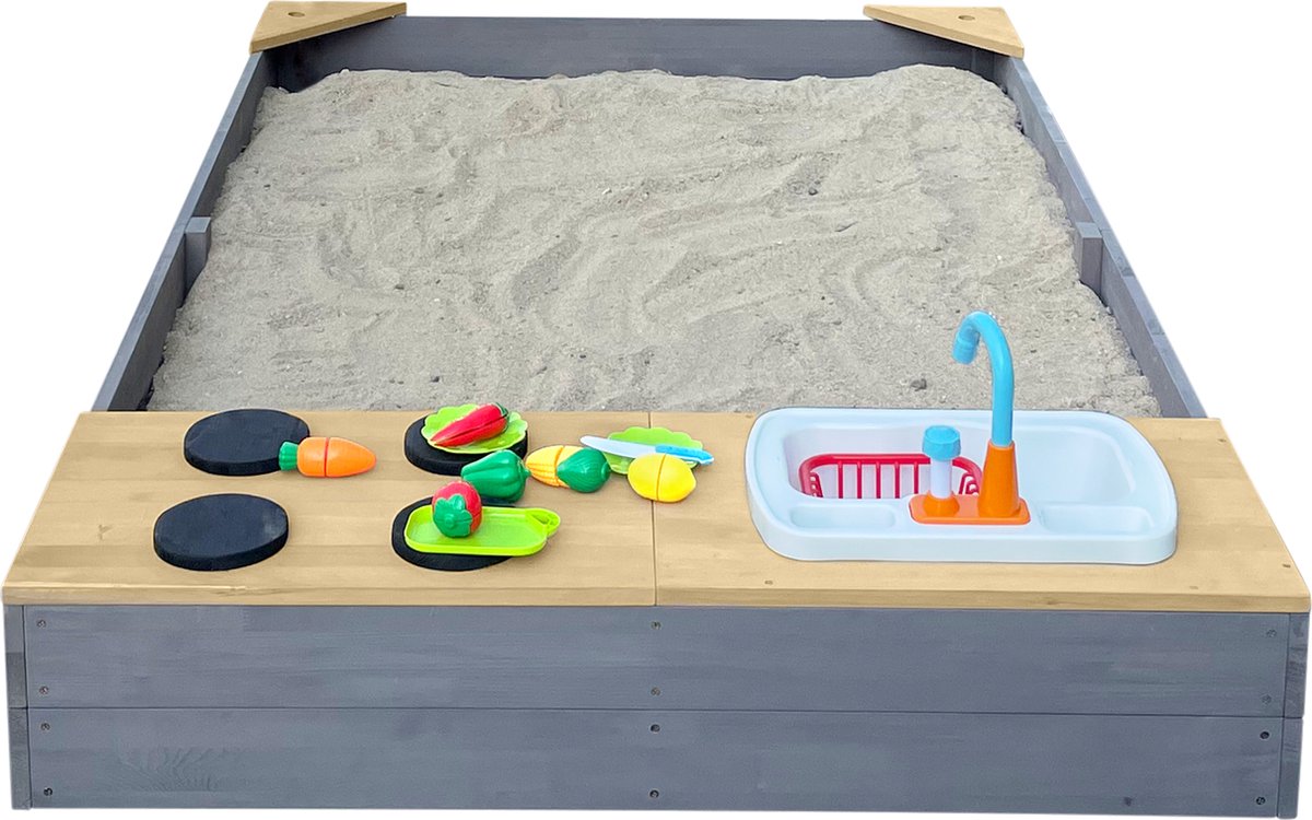 AXI Kelly Zandbak met Speelkeuken Grijs/bruin - Wastafel incl. 17-delige accessoire-set - Inclusief afdekzeil en gronddoek — afbeelding 2