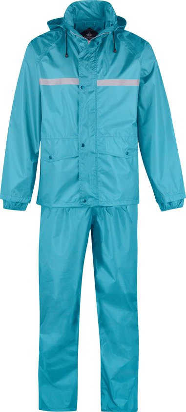 Aqua blauw regenpak met capuchon en reflecterende strepen, vooraanzicht.