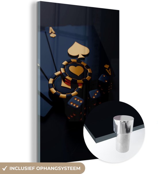 Glasschilderij zwart goud - Speelkaarten - Munten - Poker - Goud - Zwart - 100x150 cm - Foto op glas - Woonkamer decoratie