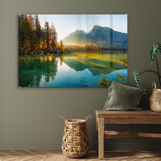 Peinture sur verre - Feuille acrylique - Lac - Water - Vert - Montagnes - Arbre - Décoration murale - Peinture sur verre - Verre acrylique - Photo sur verre - 120x80 cm - Peinture sur verre nature - Décoration murale